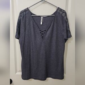Monoreno Charcoal Short Sleeve Top with Lace-Up Shoulders